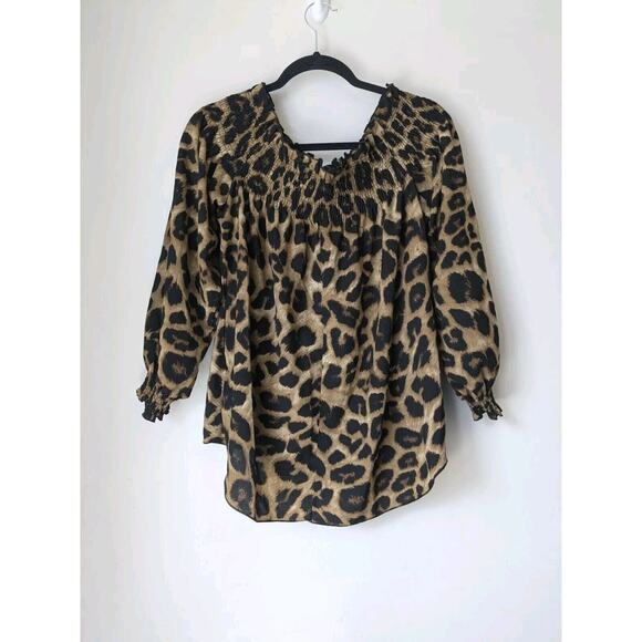 Animal Print Shein Peasant Blouse Womens Leopard Off Elastic Smocked Shoulder XL - Picture 2 of 7